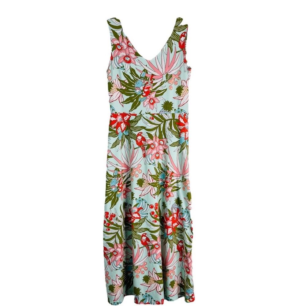 Talbots green pink tropical parrot stretch midi summer dress small